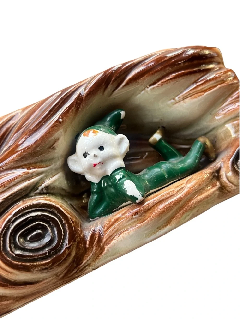 Vintage MCM Ceramic Elf Pixie Log Planters Pair Faux Bois Woodland Kitsch